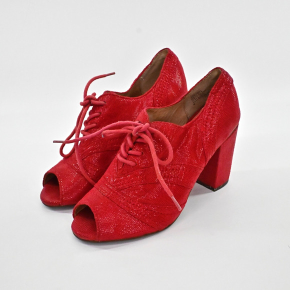 SEYCHELLES Womens Eternity Peep‎ Toe Oxford Heels Sz 6 Red Shimmer Lace Up Retro - Picture 1 of 9
